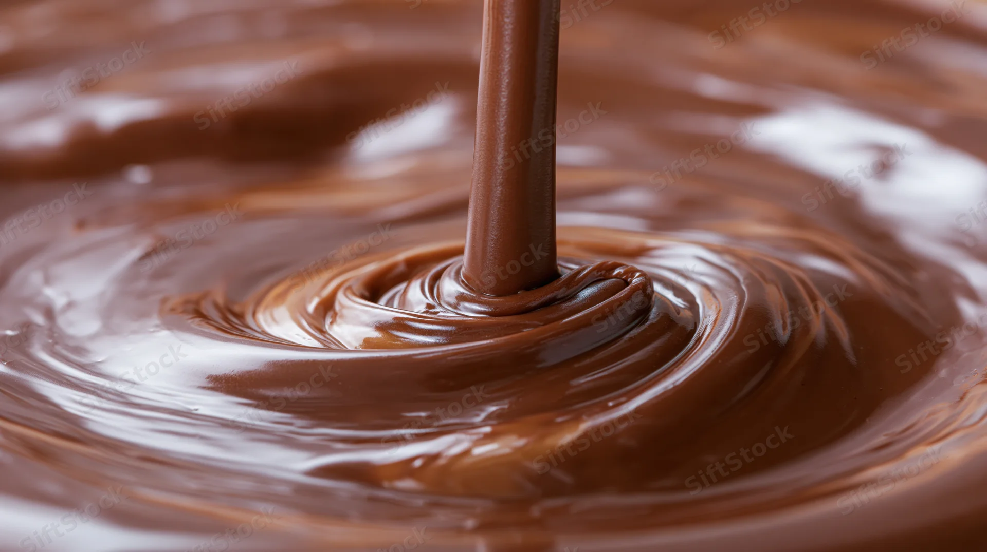 Thick stream of melted milk chocolate pouring into a swirling pool