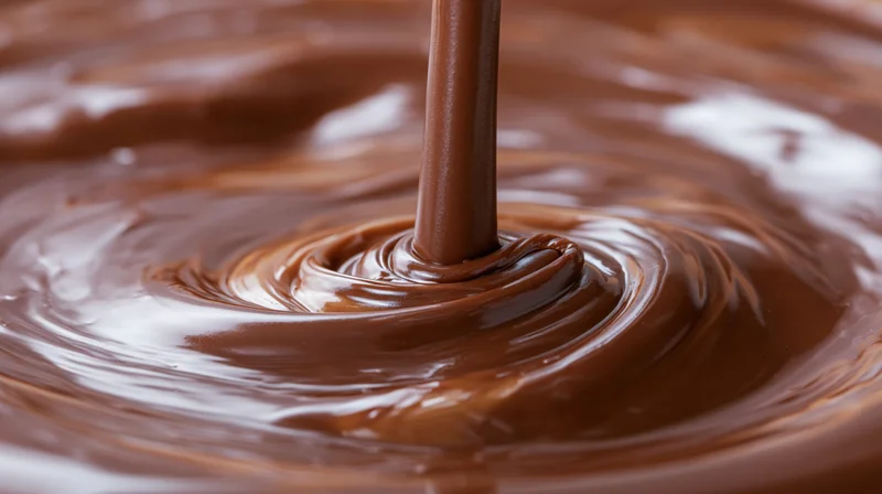 Thick stream of melted milk chocolate pouring into a swirling pool