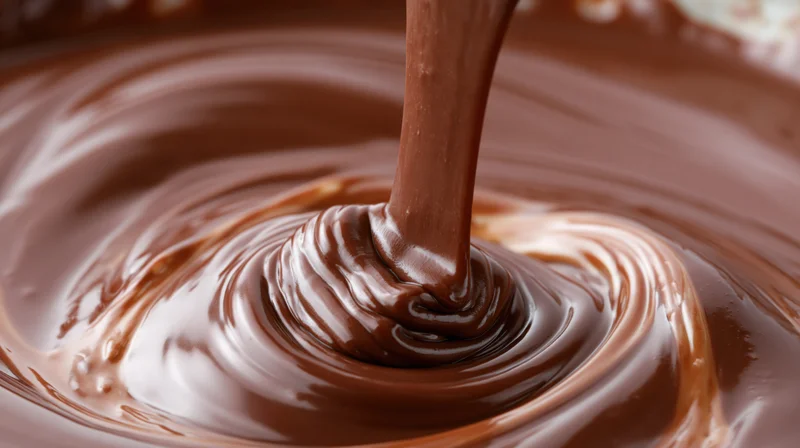 Thick stream of melted milk chocolate pouring into a swirling pool, forming ripples and glossy surface
