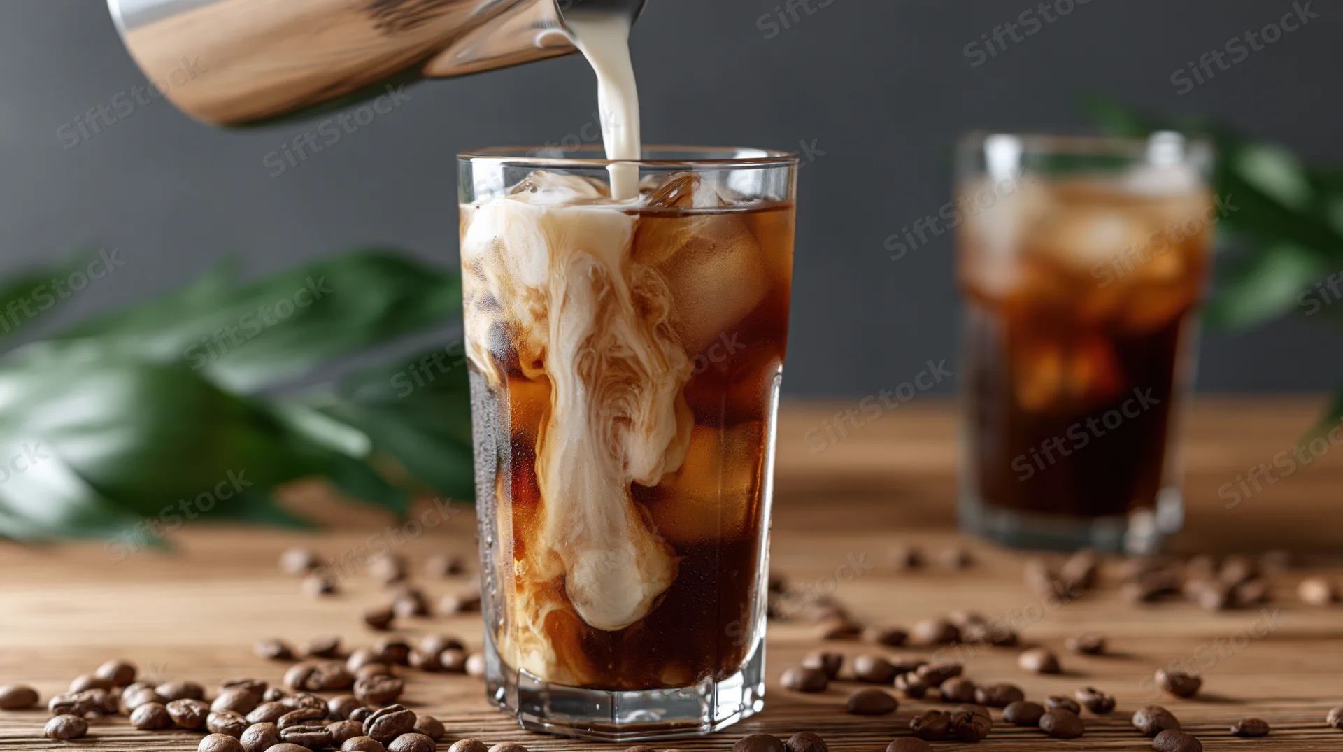 Milk being poured into a tall glass of iced coffee with ice cubes on a wooden table surrounded by coffee beans and green leaves