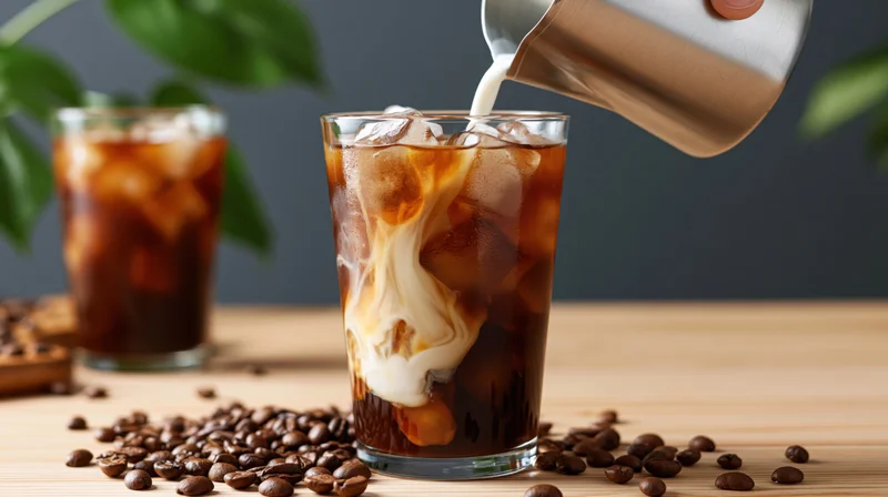 Milk being poured into a tall glass of iced coffee with ice cubes and coffee beans on a wooden table