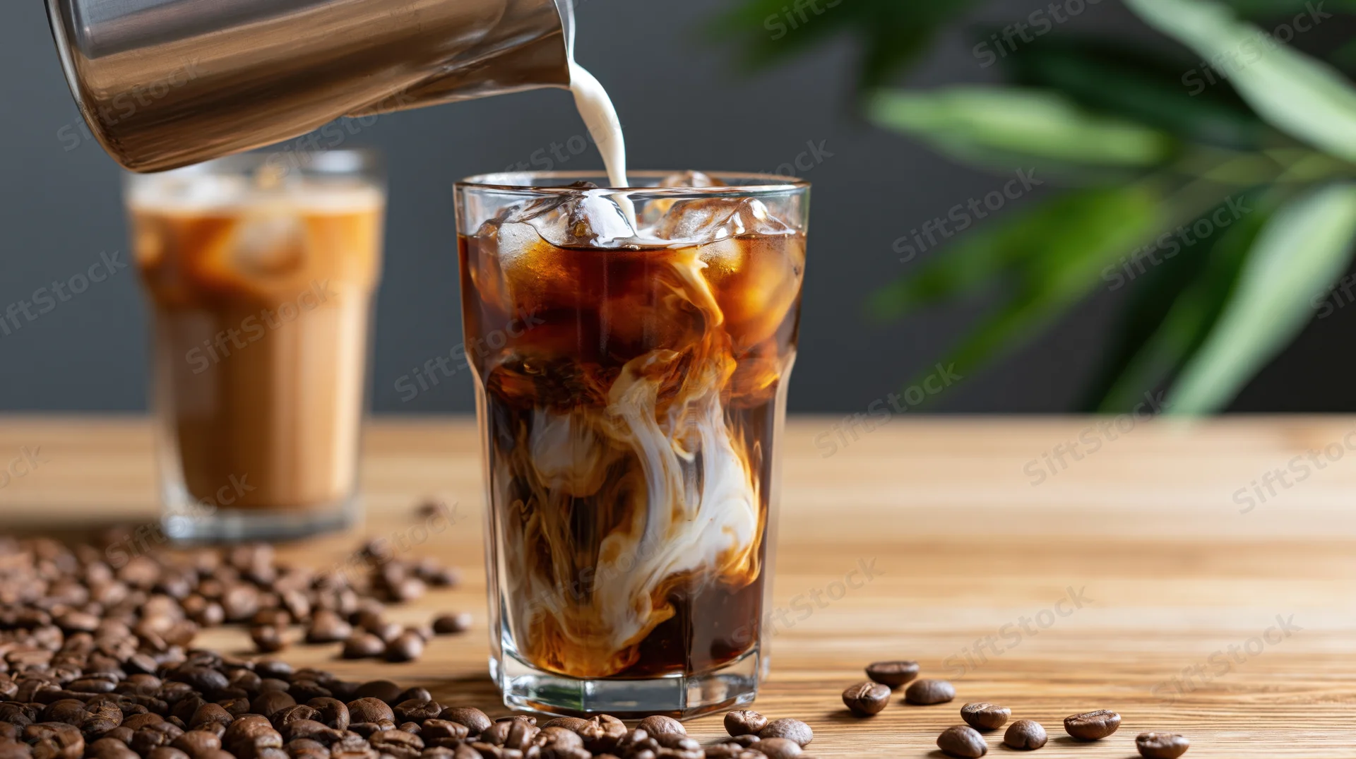 Milk being poured from a stainless steel pitcher into a tall glass of iced coffee with ice cubes and coffee beans on a wooden table