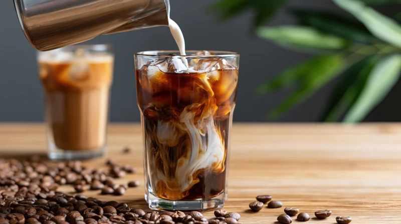 Milk being poured from a stainless steel pitcher into a tall glass of iced coffee with ice cubes and coffee beans on a wooden table