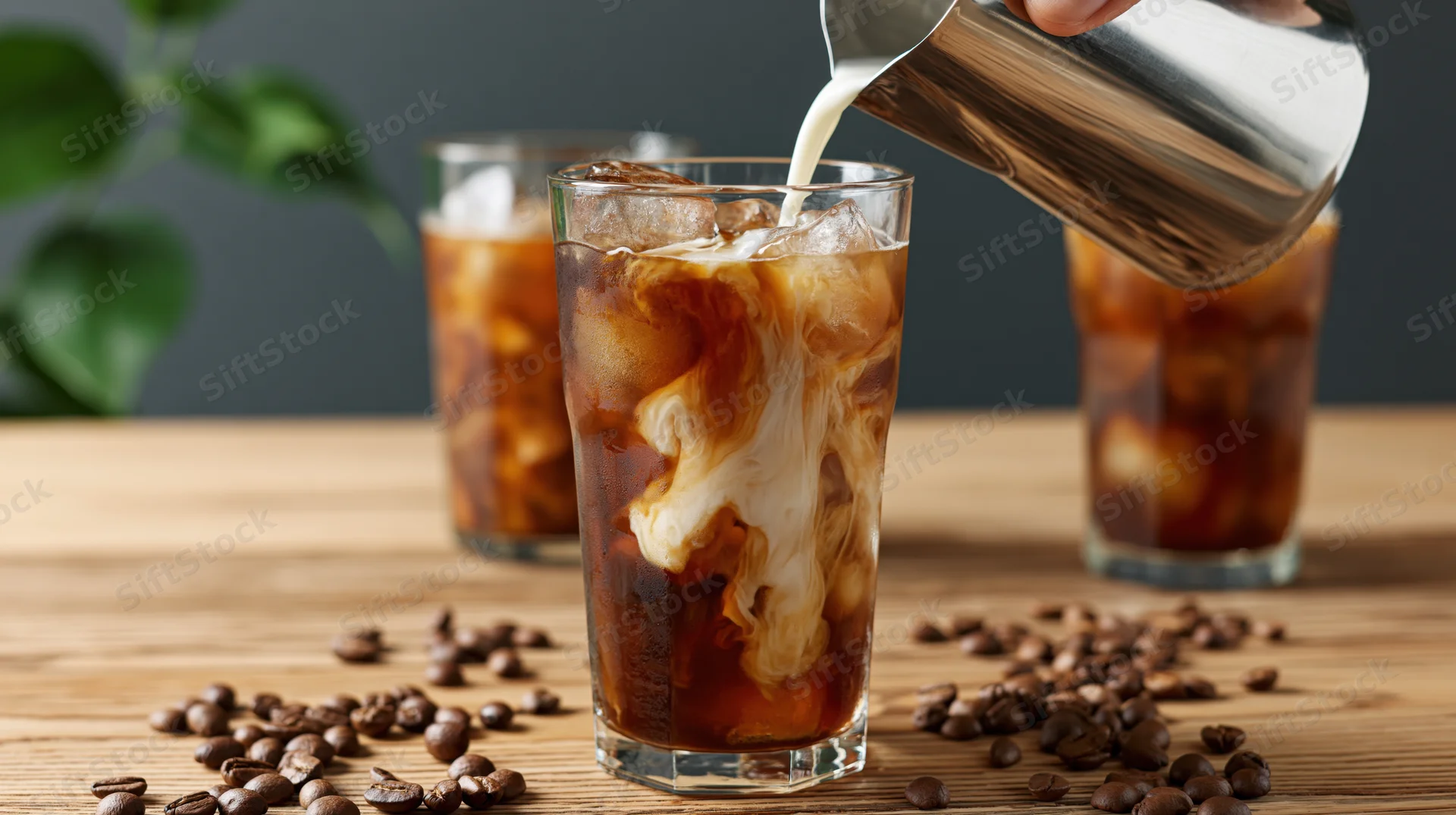 Milk being poured into a tall glass of iced coffee on a wooden table with scattered coffee beans