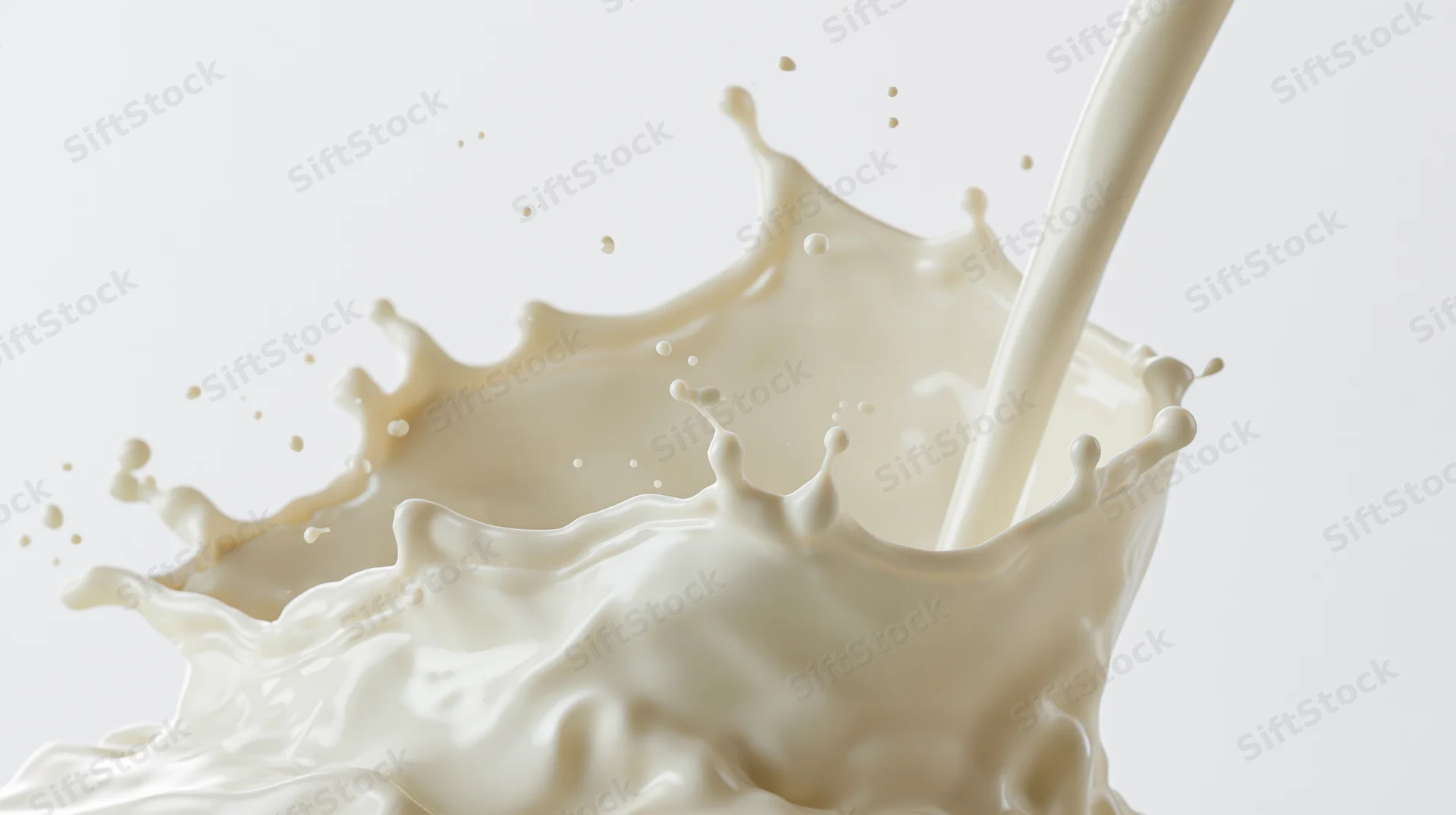 Milk pouring and splashing mid-air against white background