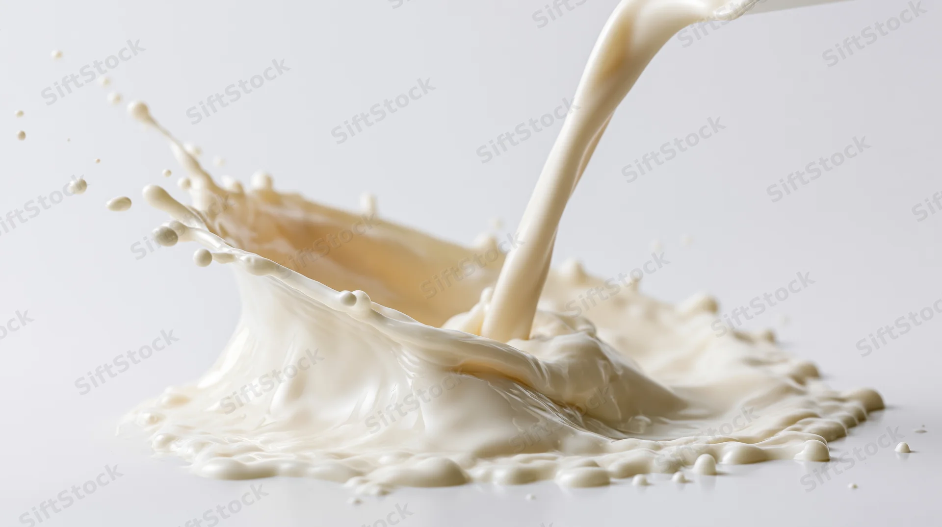 Milk pouring and splashing mid-air on a white surface