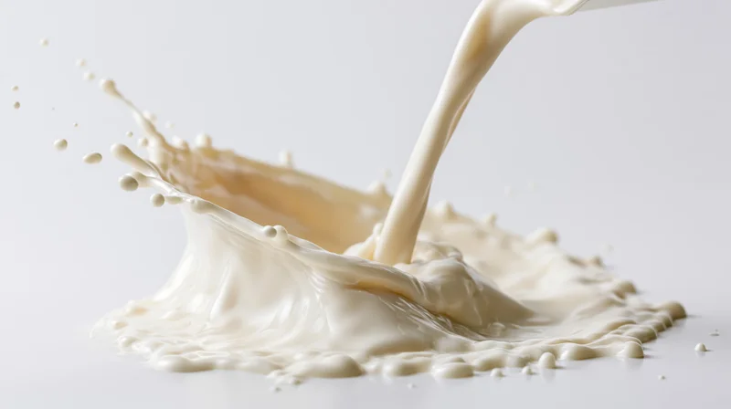 Milk pouring and splashing mid-air on a white surface