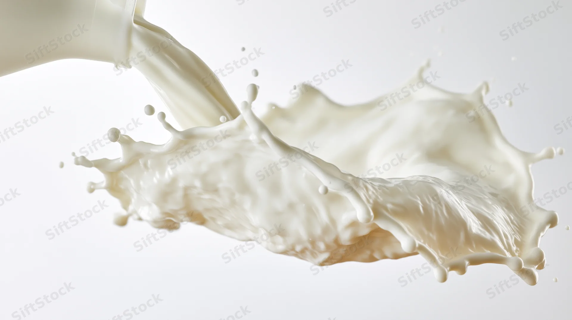 Milk pouring and splashing mid-air against white background