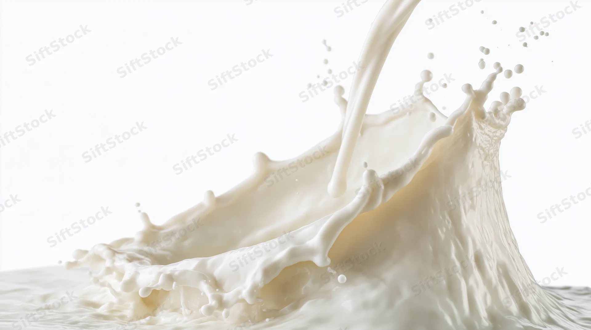 Milk pouring and splashing mid-air against white background