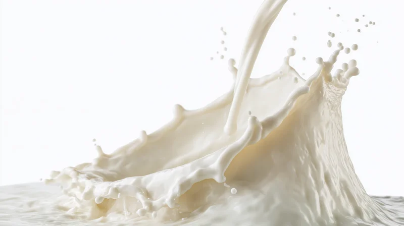 Milk pouring and splashing mid-air against white background