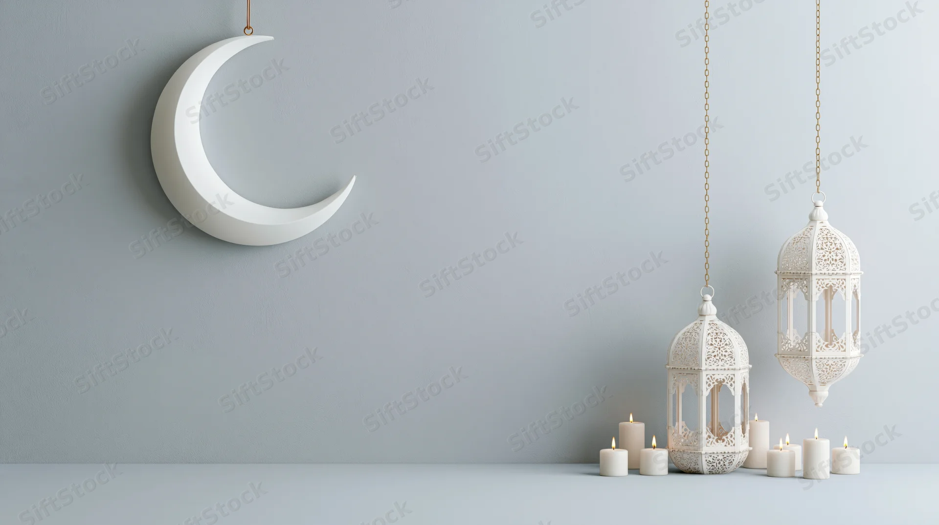 White crescent moon and hanging lanterns with candles on a minimalist gray surface