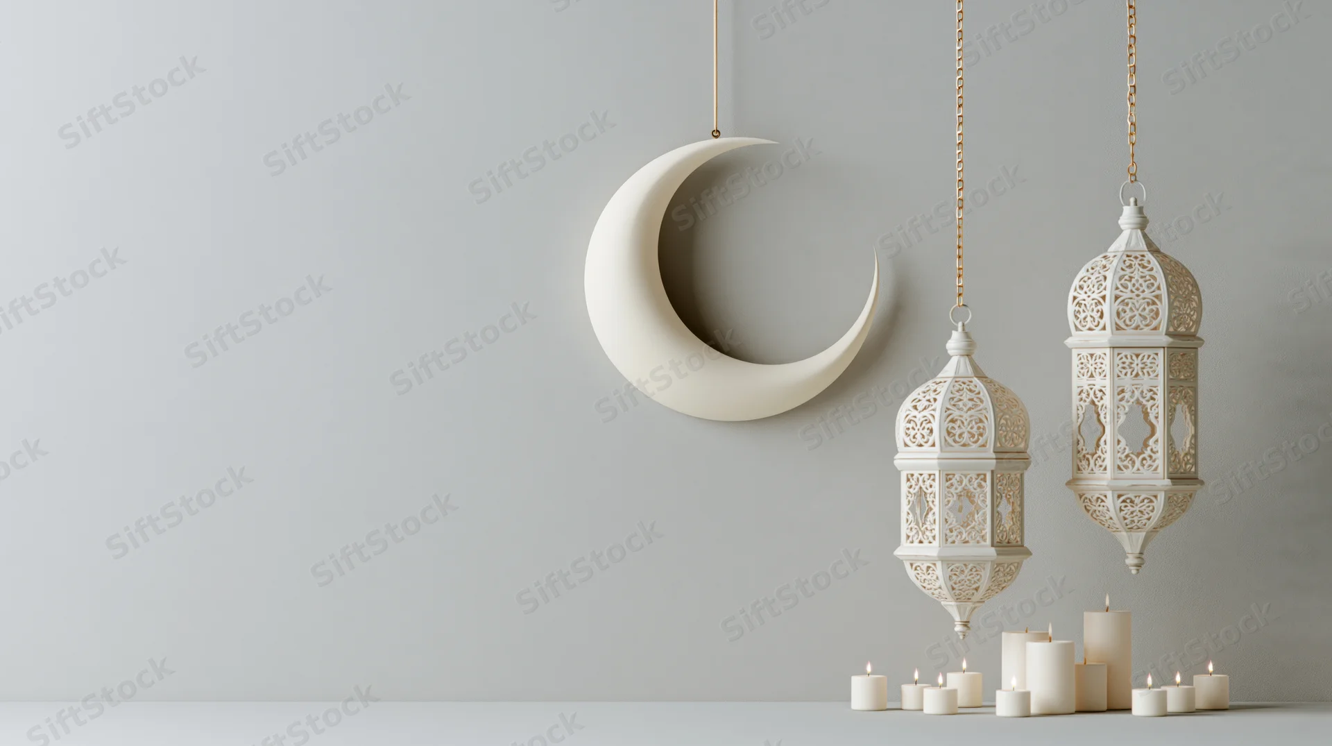 White crescent moon and hanging lanterns with candles on a minimalist gray surface