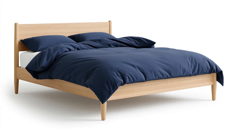 Minimalist scandinavian-style double bed with light natural wood frame and navy bedding on white background