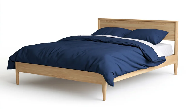 Minimalist wooden double bed with blue bedding on white background