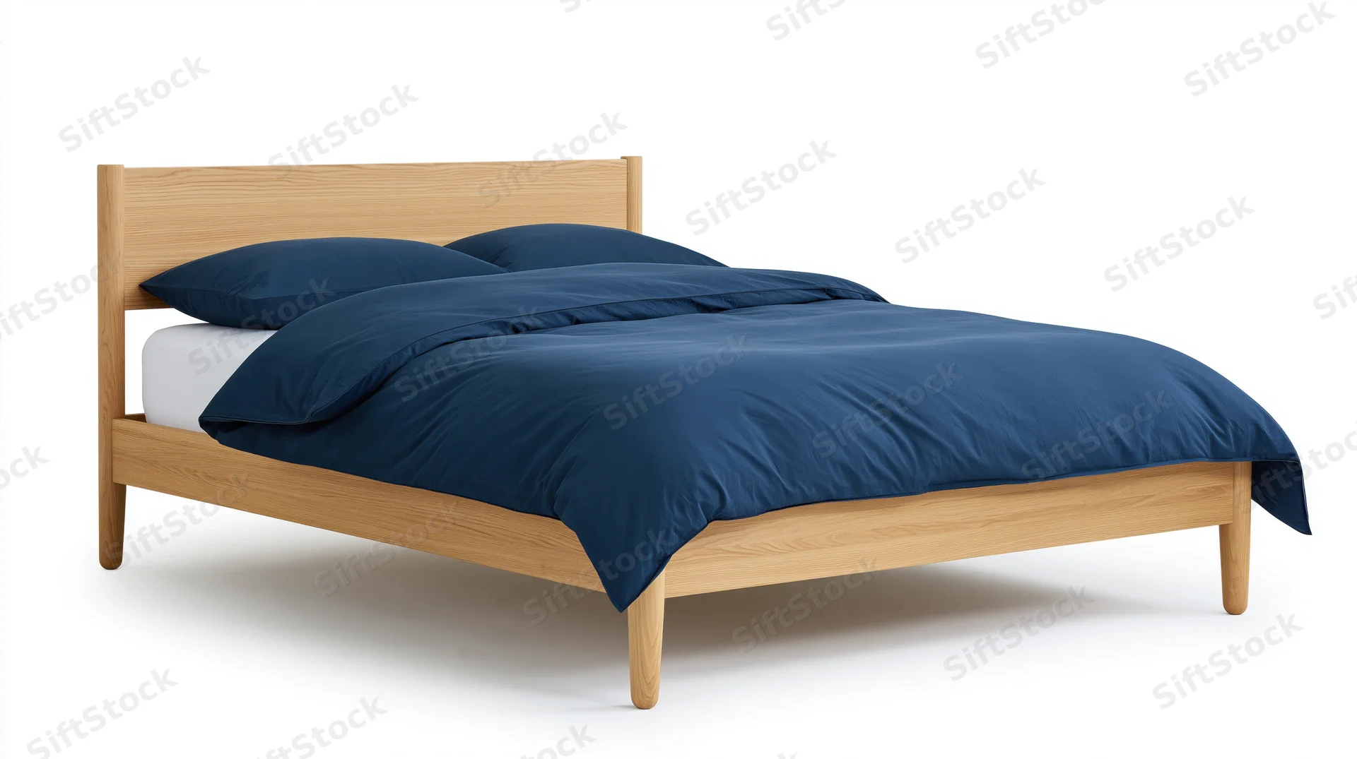 Minimalist wooden double bed with blue bedding and white mattress on plain background