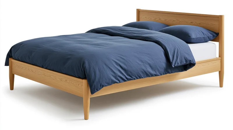 Minimalist wooden double bed with blue bedding on white background