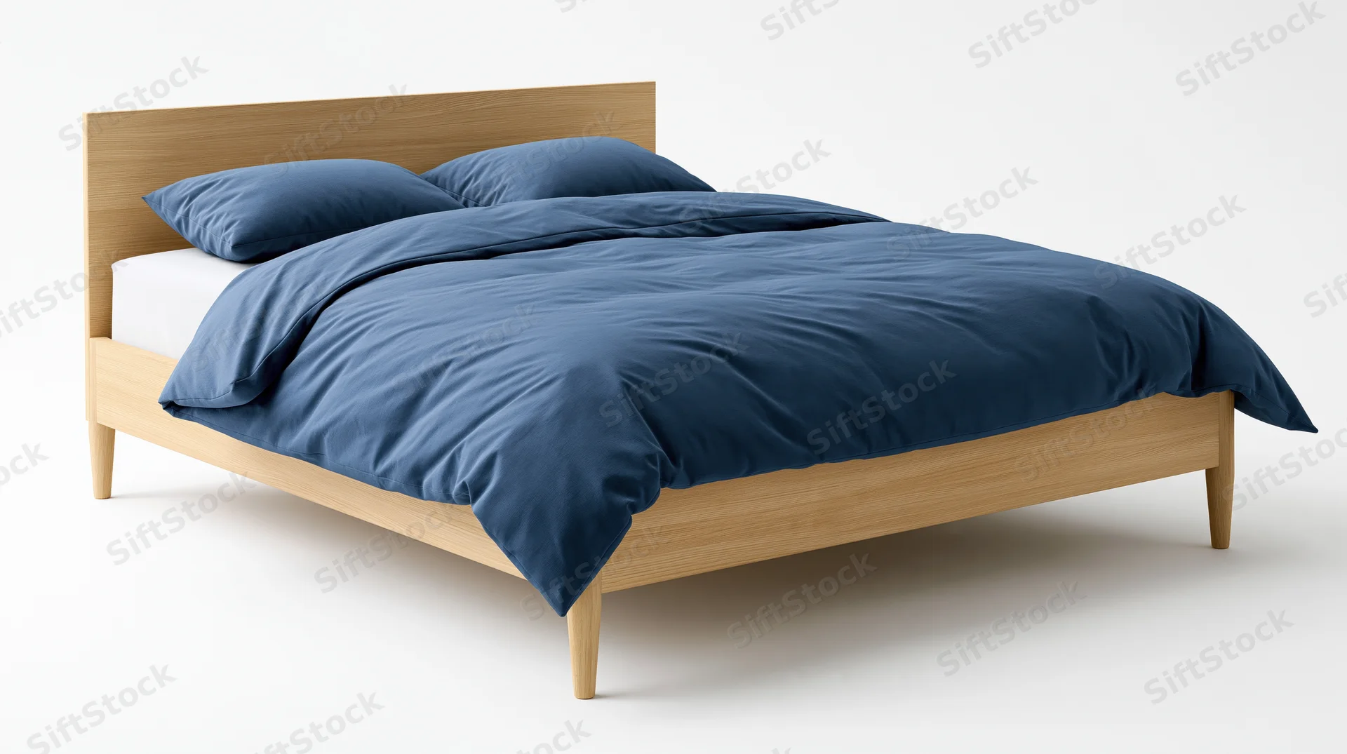 Minimalist wooden double bed with blue bedding on white background