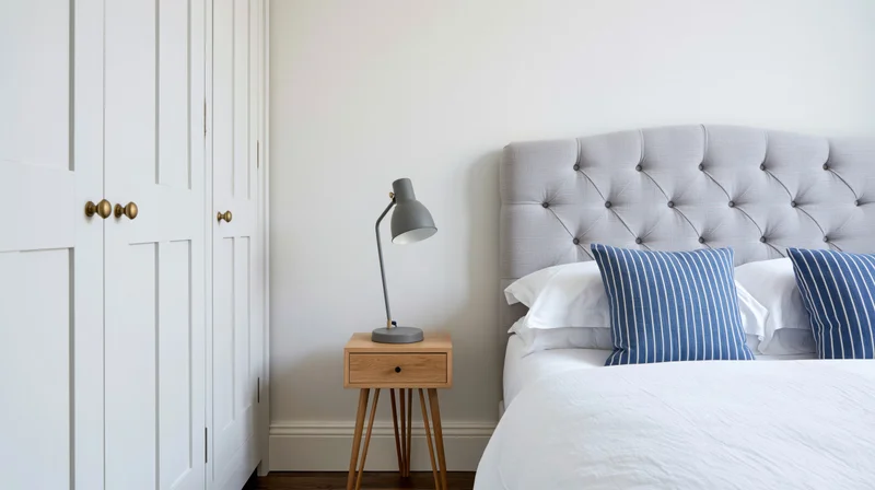 Minimalist bedroom corner with tufted grey headboard, white bedding, wooden nightstand and lamp beside white wardrobe