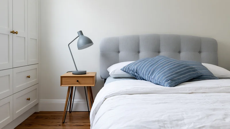 Minimalist bedroom corner with tufted grey headboard and wooden nightstand beside bed