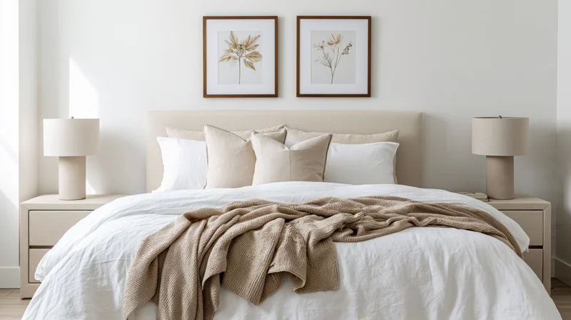 Minimalist bedroom with cream upholstered double bed, white bedding, beige knit blanket, matching lamps on nightstands, framed botanical art above headboard
