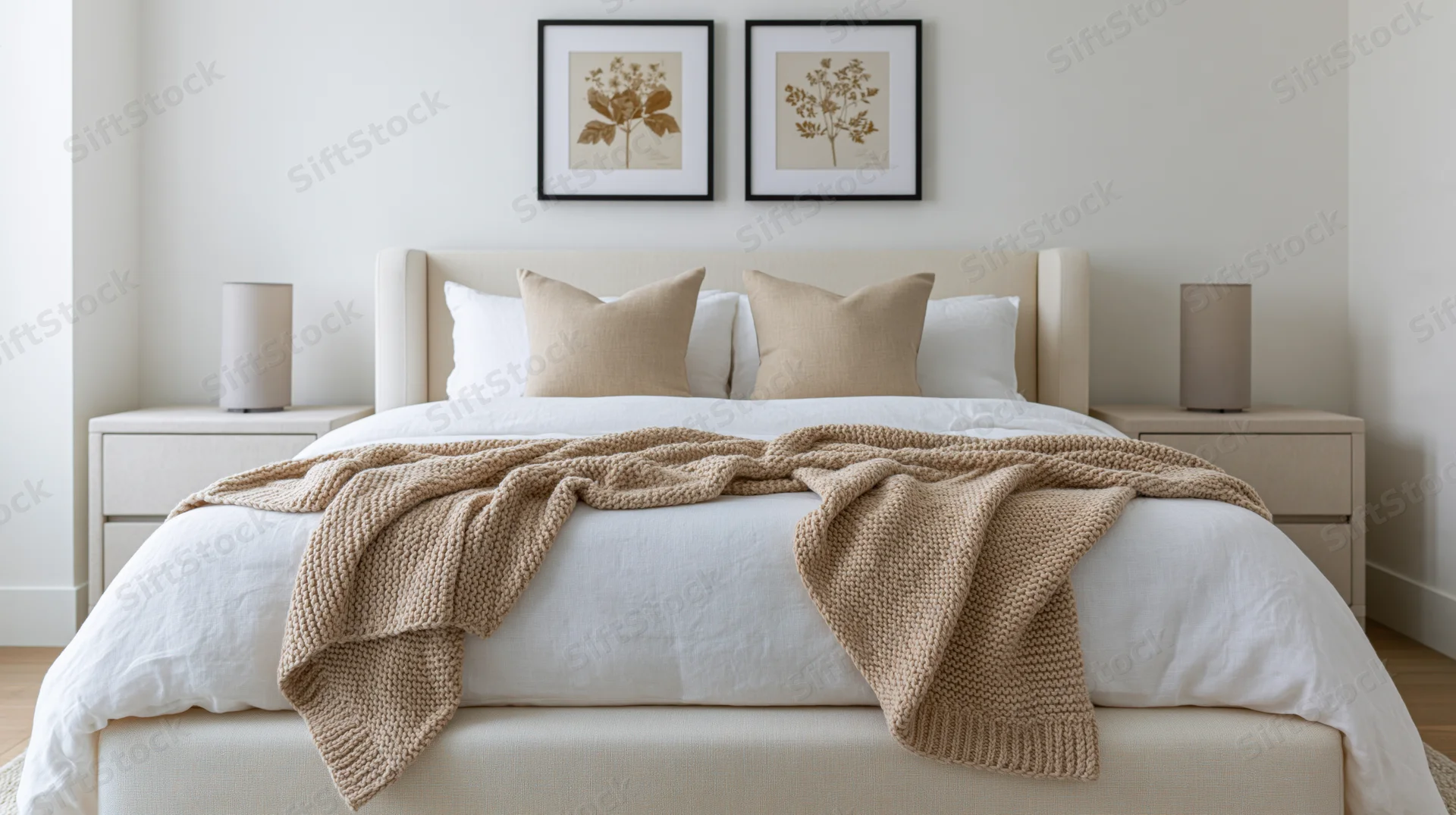 Cream upholstered double bed with white linens and beige knit throw in minimalist bedroom interior