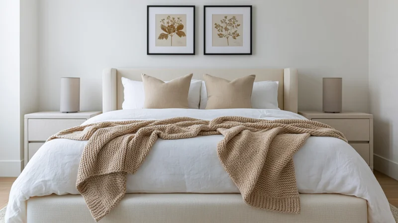 Cream upholstered double bed with white linens and beige knit throw in minimalist bedroom interior