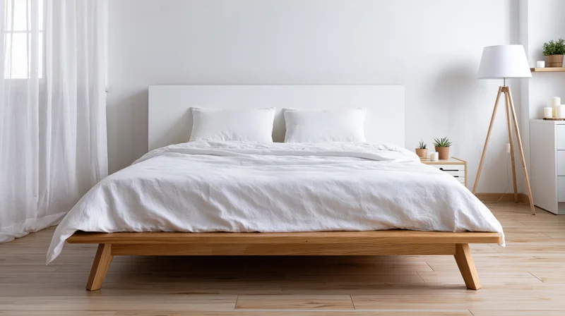 Low-platform wooden bed with white bedding in minimalist bedroom interior