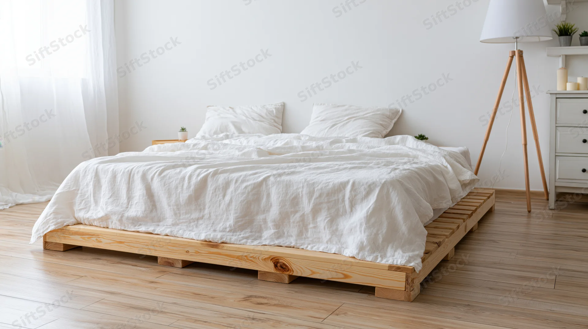Low wooden platform bed with white linen bedding in minimalist bedroom