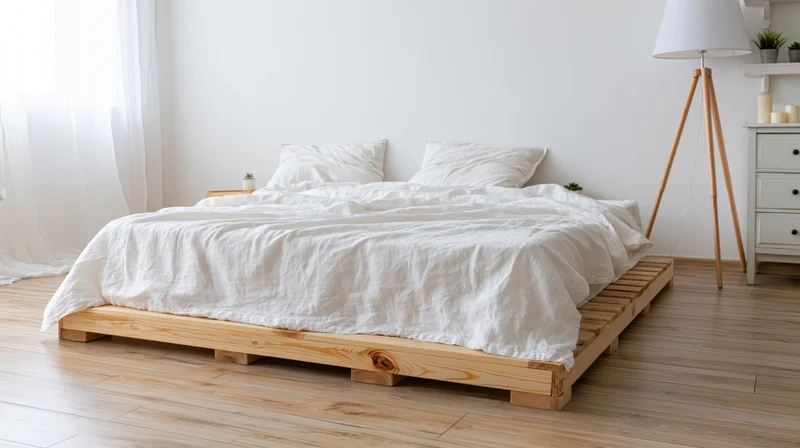 Low wooden platform bed with white linen bedding in minimalist bedroom