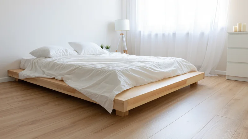 Low-platform wooden bed with white bedding in a minimalist bedroom with natural light