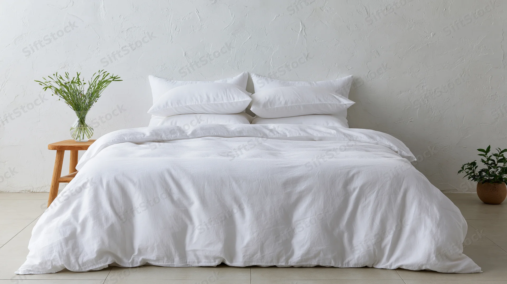 Neatly made white bed with pillows and duvet in minimalist bedroom interior