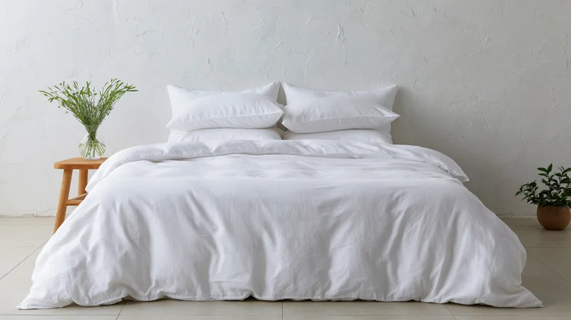Neatly made white bed with pillows and duvet in minimalist bedroom interior