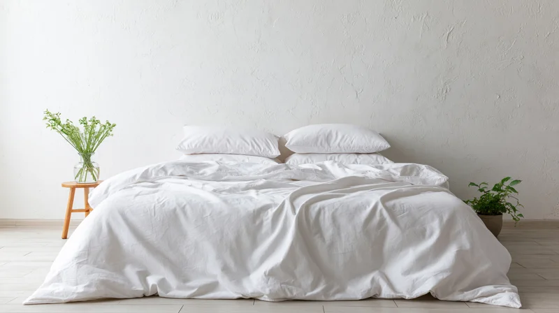 Unmade white bed with crumpled duvet and pillows in minimalist bedroom with plants on side tables