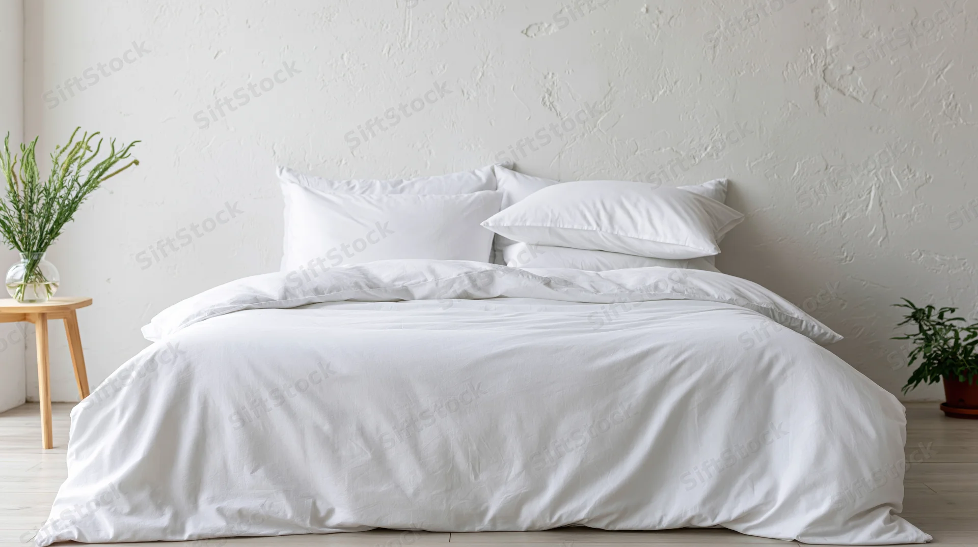 Neatly made white bed with pillows and duvet in minimalist bedroom interior