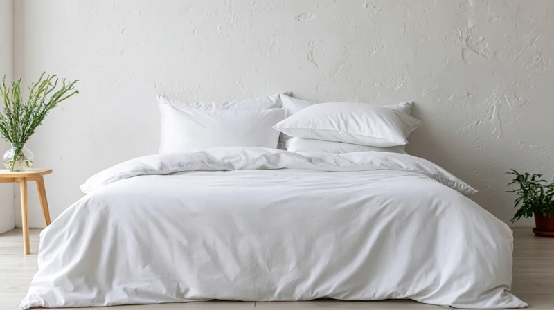 Neatly made white bed with pillows and duvet in minimalist bedroom interior