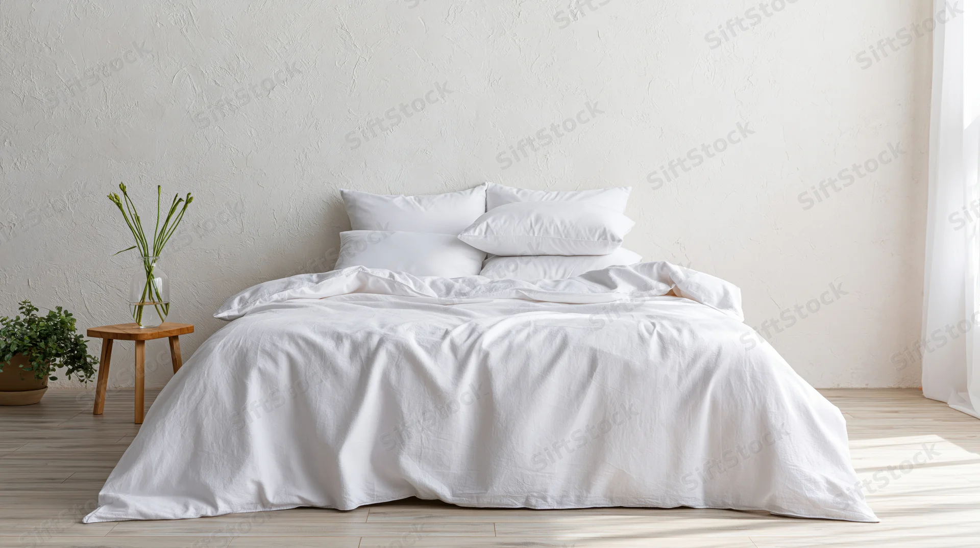 White bed with crumpled linen bedding in minimalist bedroom with wooden stool and potted plant near window