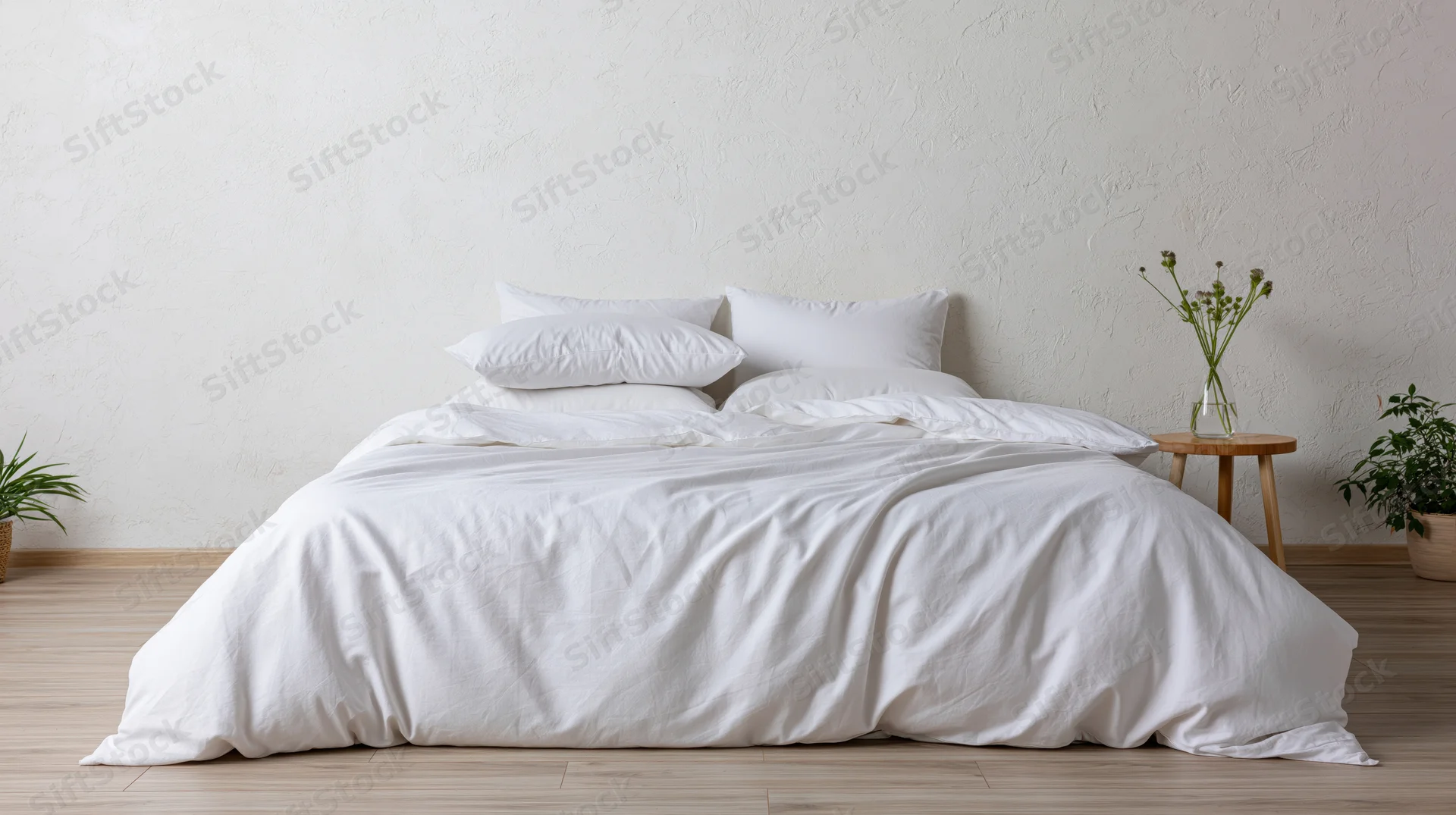 White bedding arranged on a bed in a minimalist bedroom with wooden floor and plants