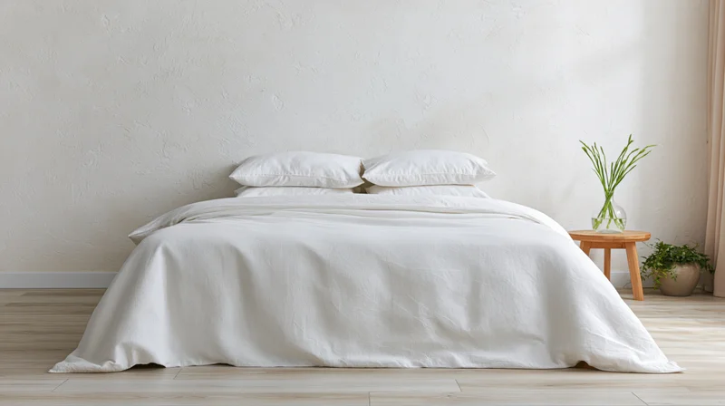Neatly made bed with white linen bedding in a minimalist bedroom with wooden floor and small plant on side table