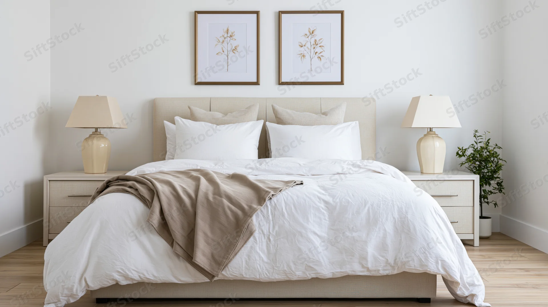 Minimalist bedroom with upholstered double bed, white bedding, and matching nightstands flanked by lamps and framed botanical prints