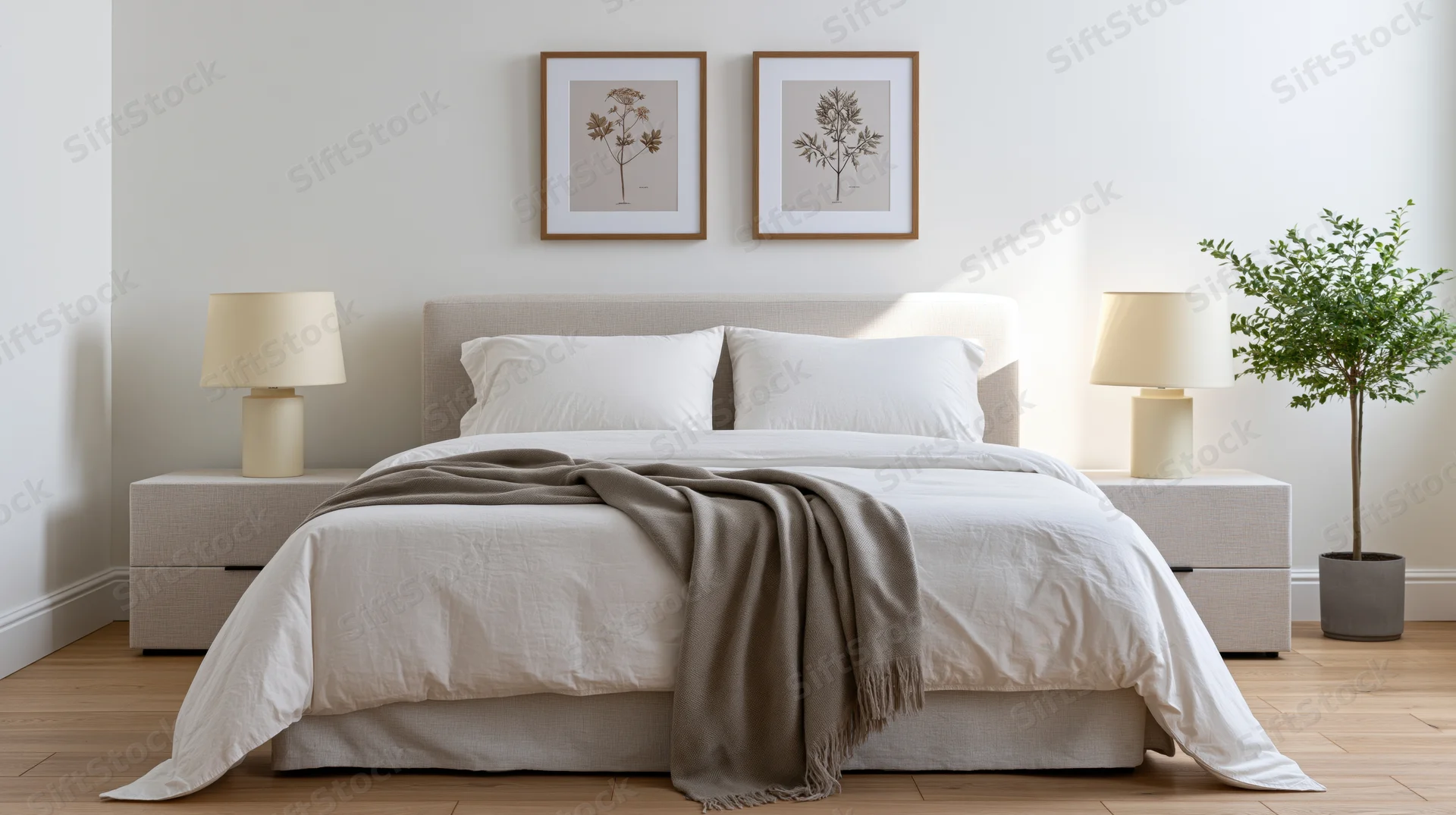 Minimalist bedroom with upholstered double bed, white bedding, and framed botanical prints above the headboard