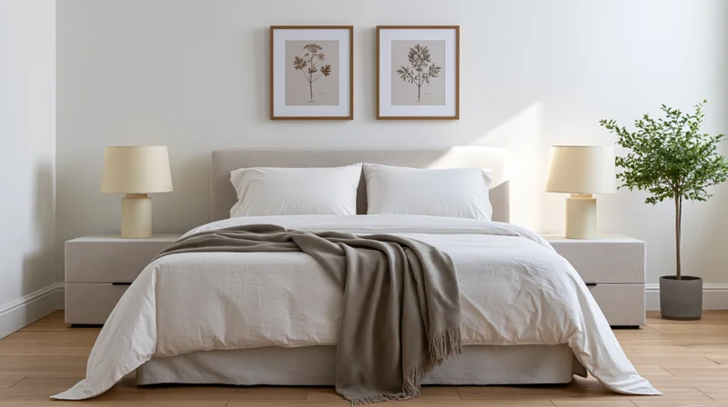 Minimalist bedroom with upholstered double bed, white bedding, and framed botanical prints above the headboard