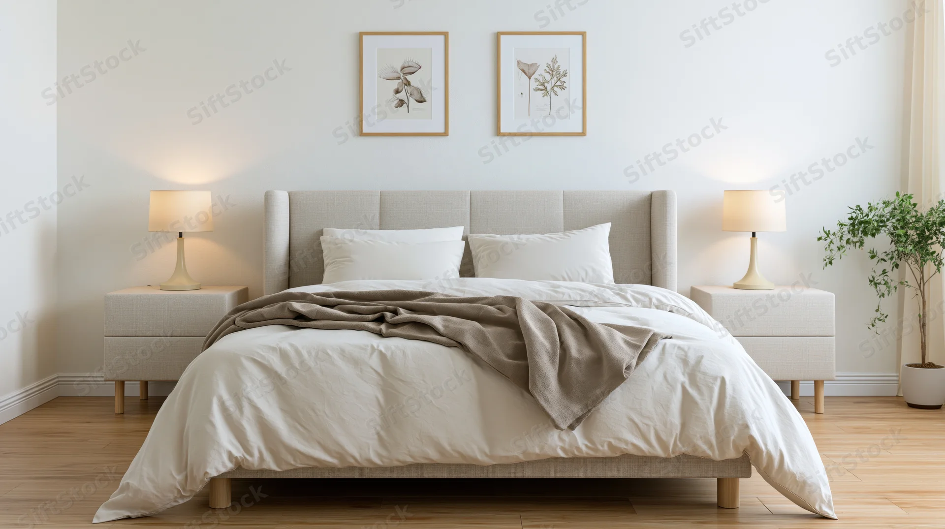 Minimalist bedroom with upholstered double bed and matching nightstands, framed botanical prints above, warm lamps on either side, wooden floor, potted plant in corner