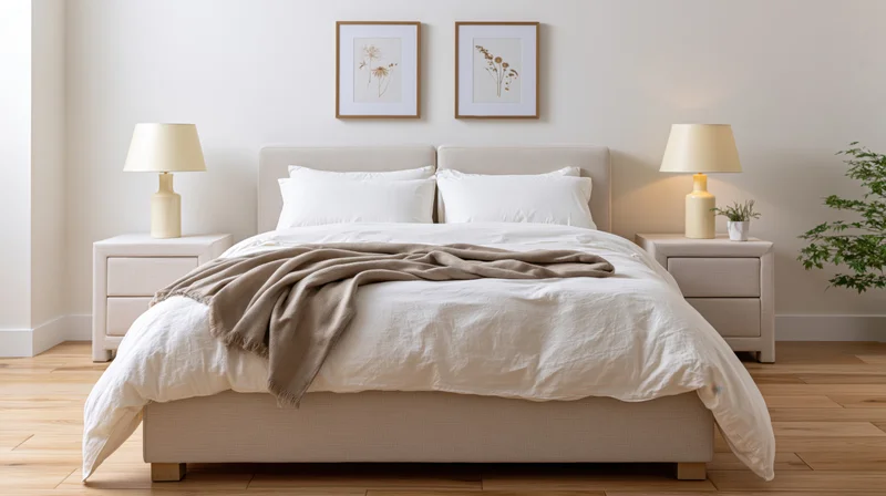 Upholstered double bed with white linens and beige blanket in a minimalist bedroom with matching nightstands, lamps, and framed botanical art on the wall