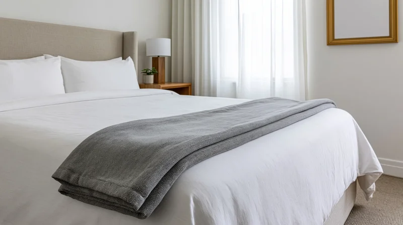 Queen bed with white linens and gray blanket in minimalist hotel bedroom