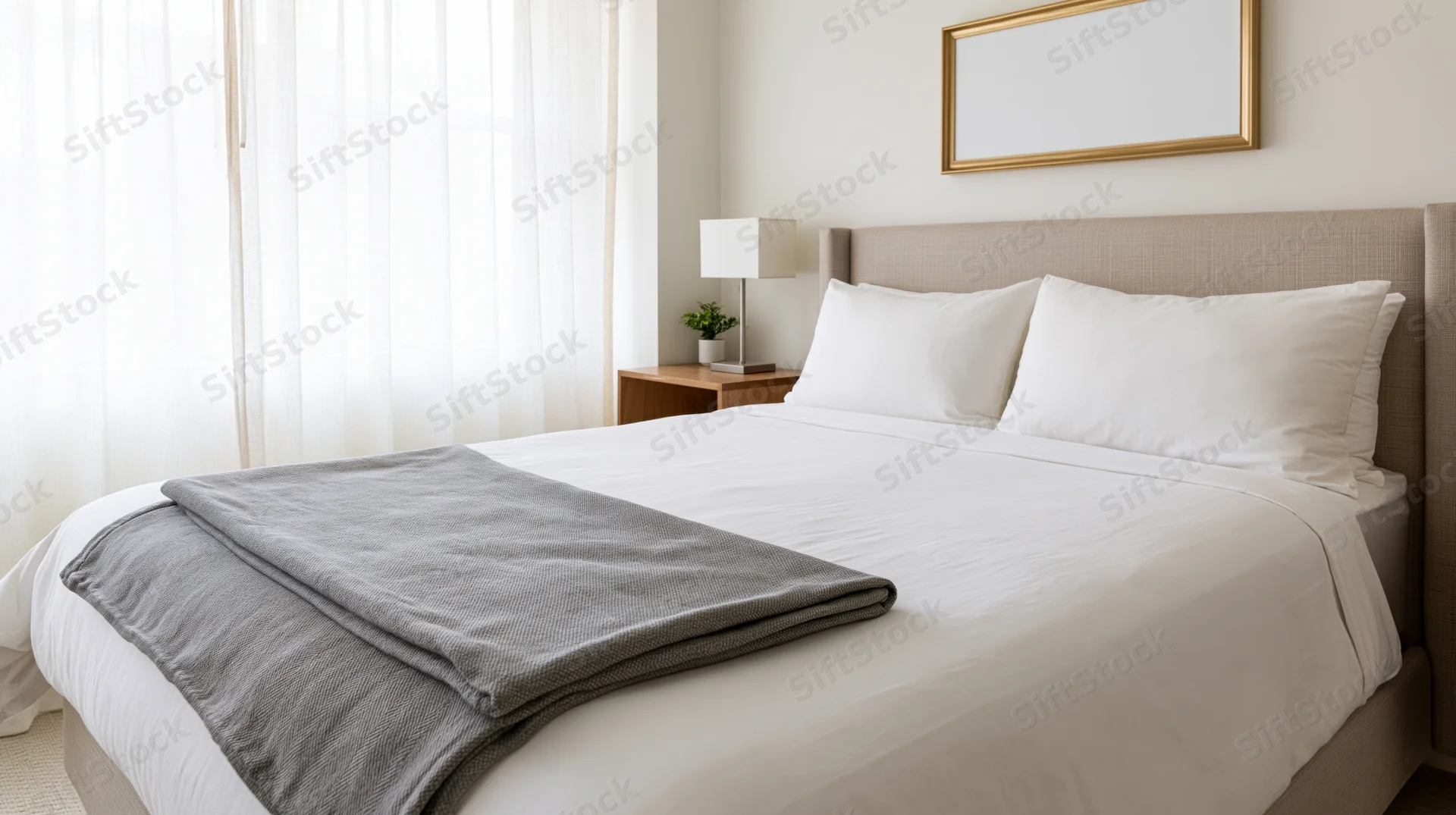 Queen bed with white bedding and gray folded blanket in minimalist hotel-style bedroom