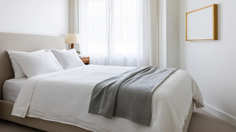 Queen bed with white linens and gray throw in minimalist hotel bedroom