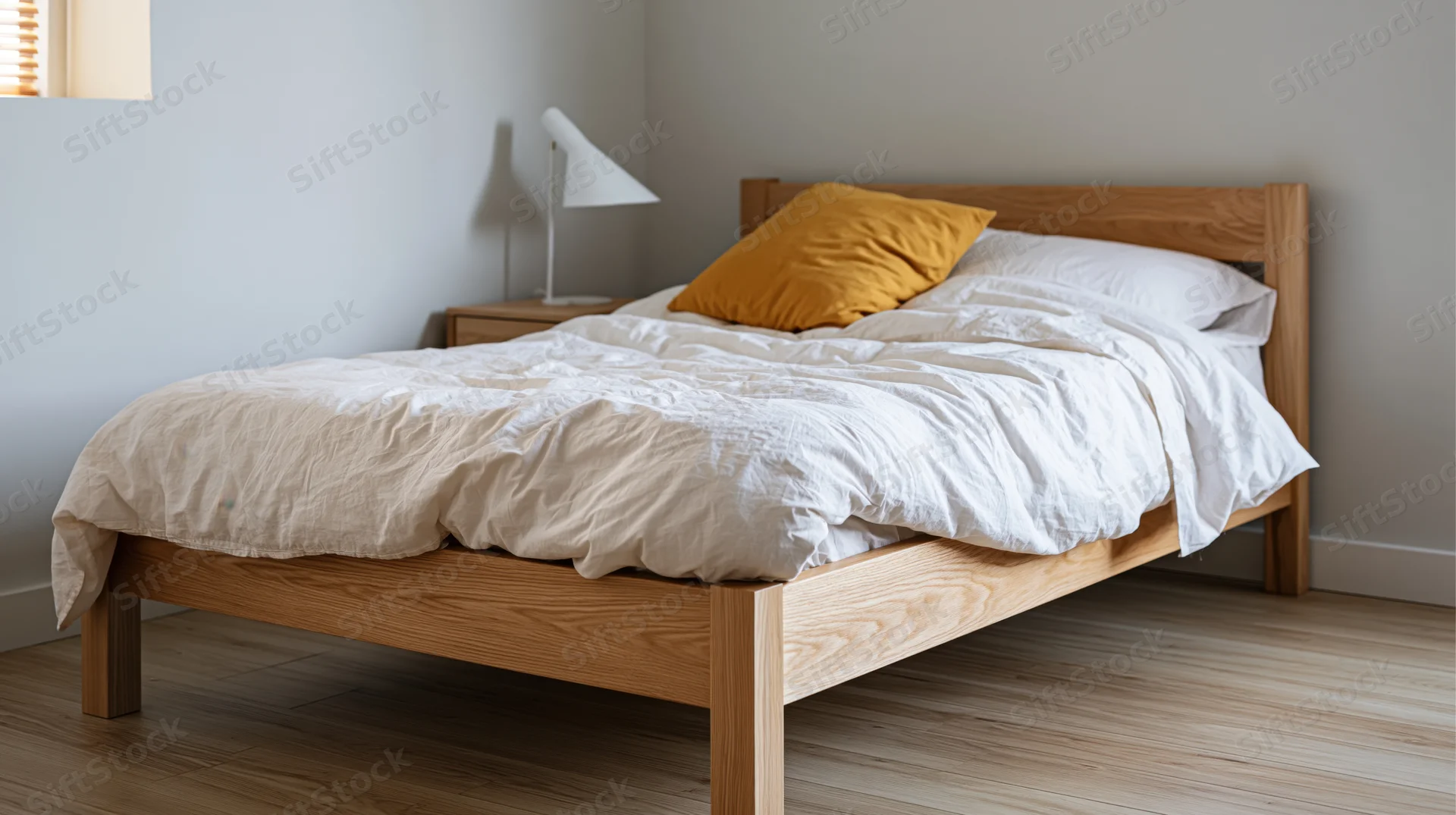 Wooden bed with white and yellow bedding in a minimalist bedroom corner