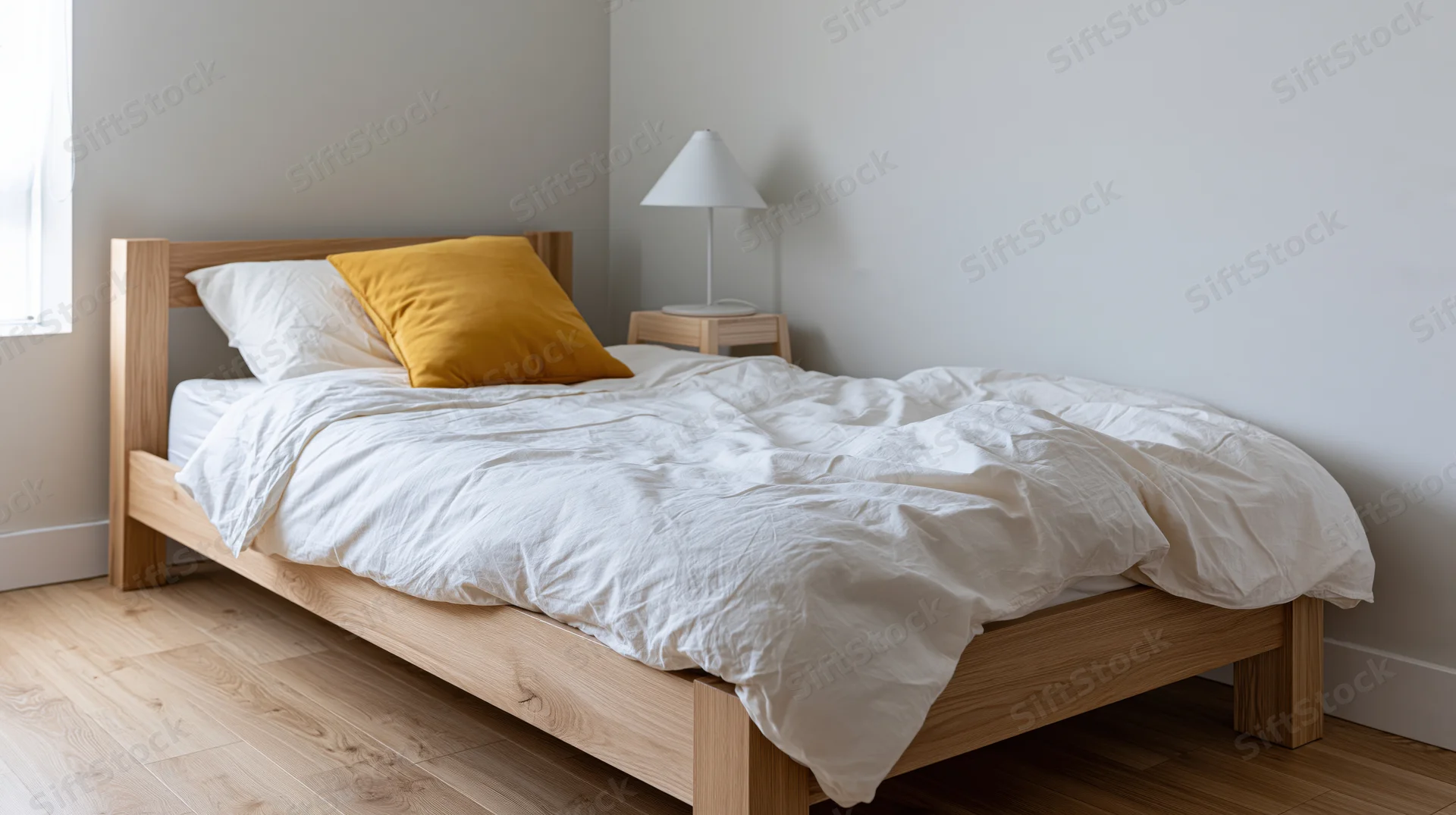Wooden bed with white linen and yellow pillow in minimalist bedroom corner