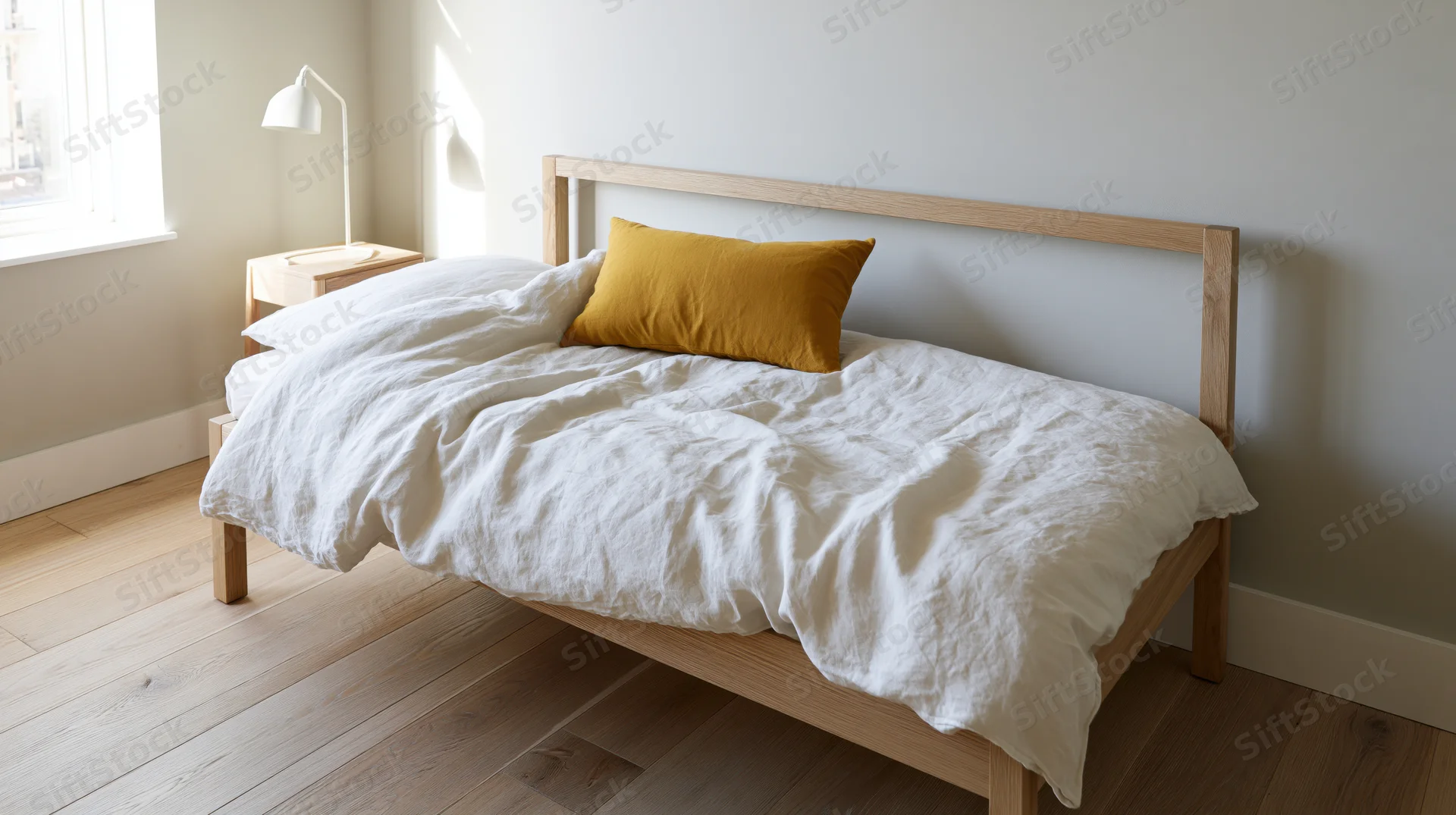 Minimalist bedroom with light oak wood bed frame and white bedding near a window