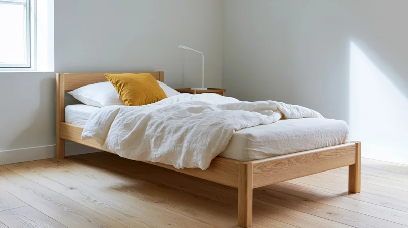 Minimalist wooden bed with white bedding and yellow pillow in a bright bedroom